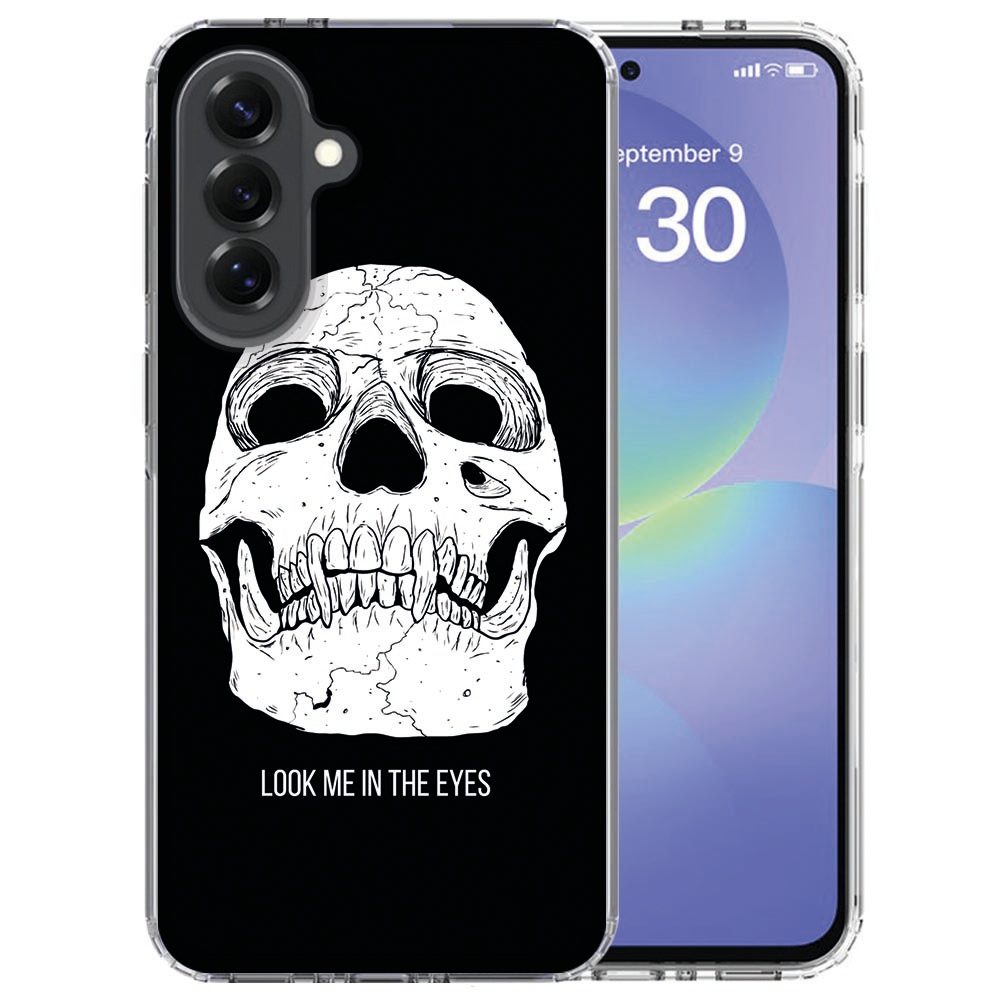 Samsung Galaxy A37 TPU hoesje met Skull Eyes design in zwart-wit, achteraanzicht
