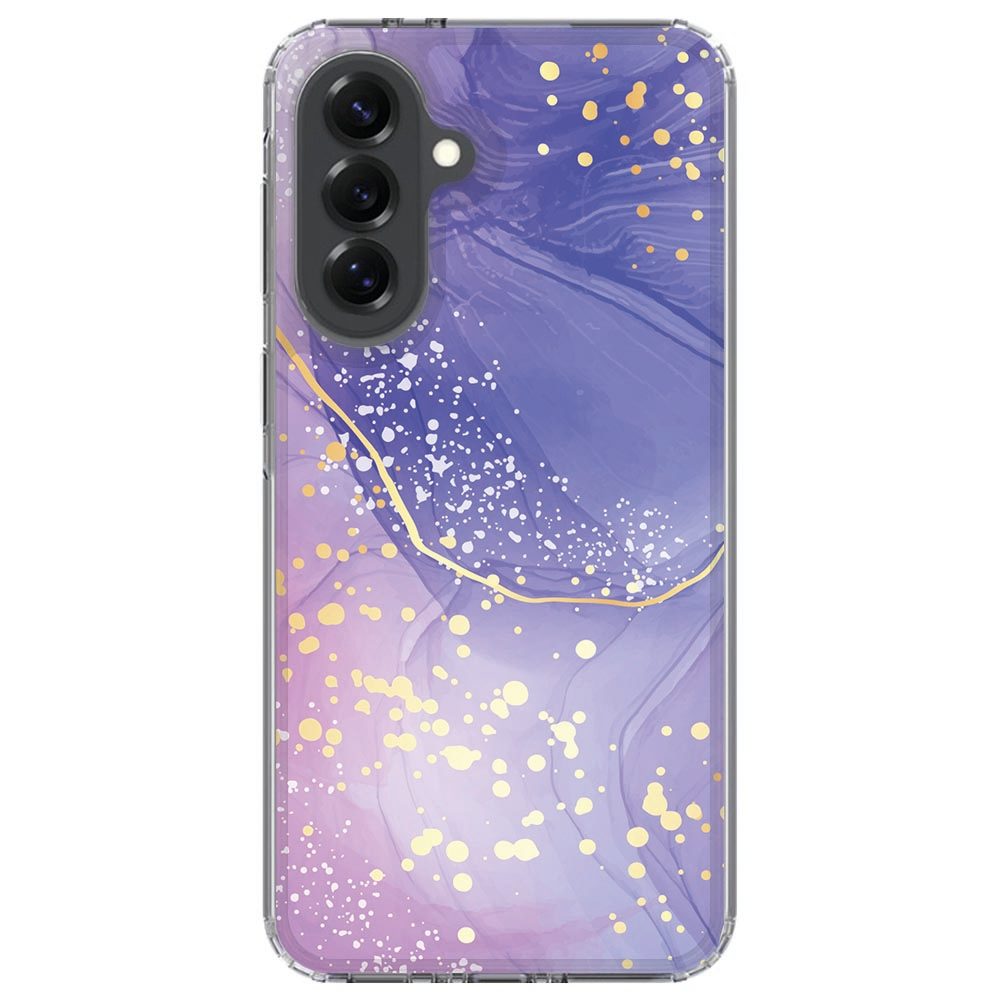 Samsung Galaxy A37 in het Watercolor Paars hoesje, schuin aanzicht met zichtbare knoppen