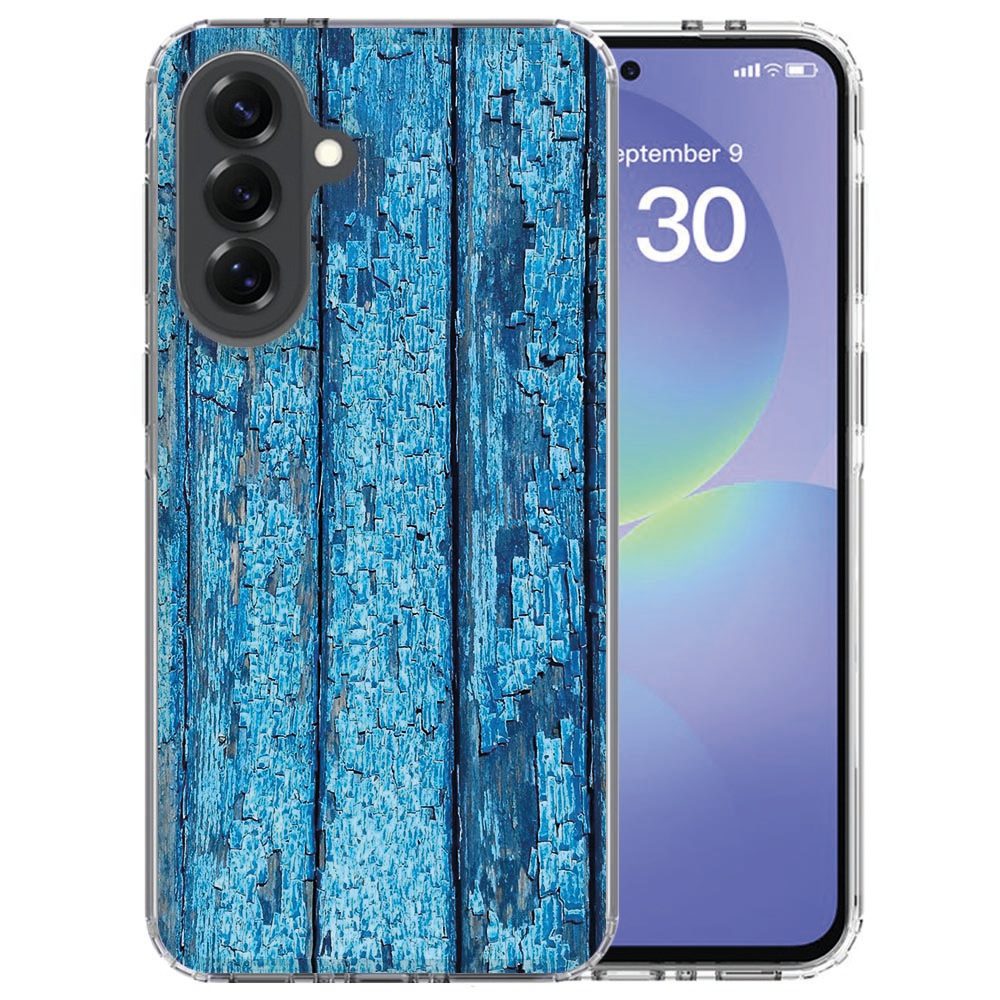 Wood Blue hoesje met blauwe houtstructuur voor de Samsung Galaxy A37, achteraanzicht