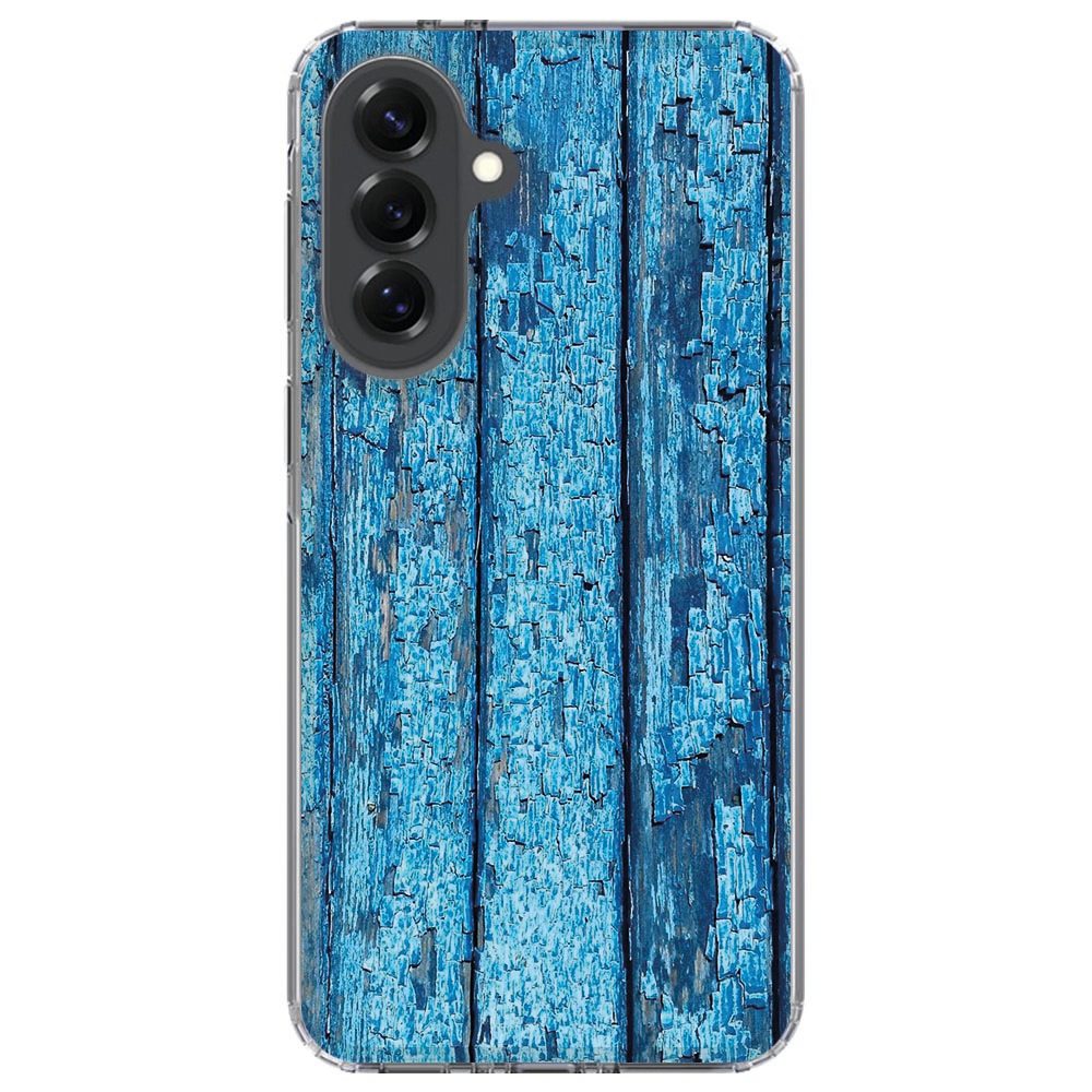 Samsung Galaxy A37 in het Wood Blue hoesje op tafel met zichtbare verhoogde schermrand