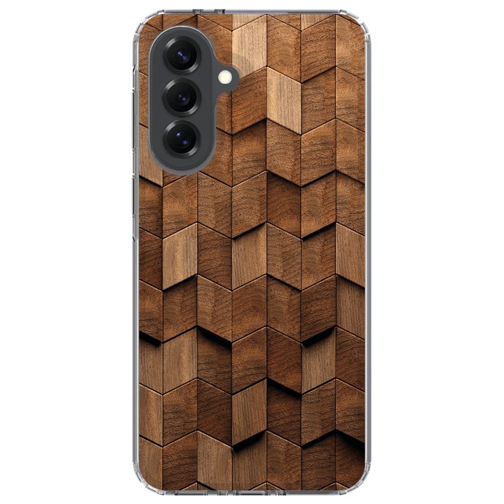 Samsung Galaxy A37 gestoken in het Wooden Cubes hoesje met vrije USB-C-poort onderaan