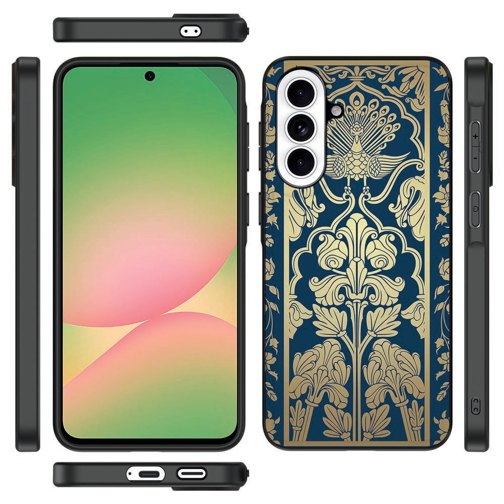 Samsung Galaxy A57 Back Cover Beige Flowers vooraanzicht. Luxe print met zwarte TPU zijkanten. Matte afwerking.