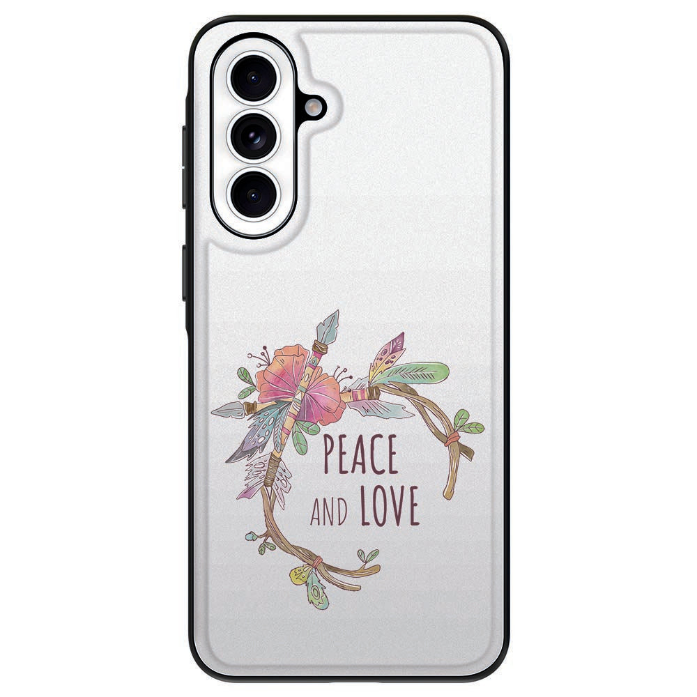 Samsung Galaxy A57 Back Cover Boho Tekst met design Peace and Love, vooraanzicht.