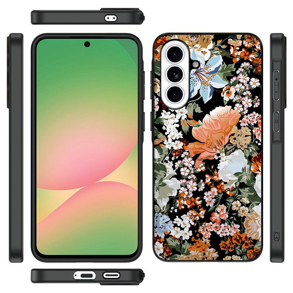 Samsung Galaxy A57 Backcover Hoesje Dark Flowers Vooraanzicht Zijkanten Achterkant.