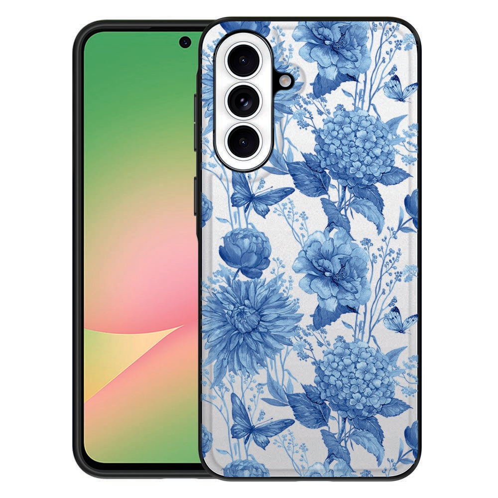 Samsung Galaxy A57 Flowers Blue Back Cover bloemenprint zijaanzicht.