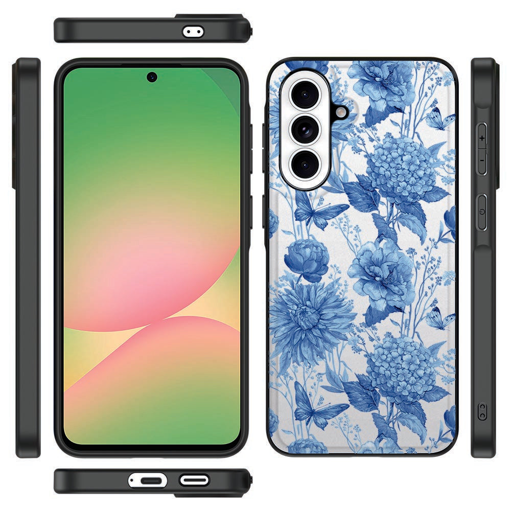 Samsung Galaxy A57 Flowers Blue Back Cover bloementekening vooraanzicht.