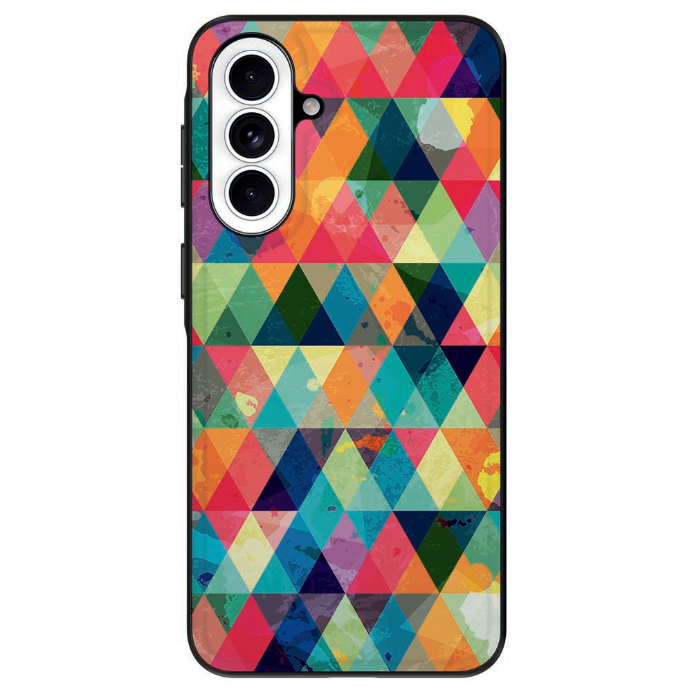 Samsung Galaxy A57 Back Cover Geruit kleurrijke driehoeken achterkant.