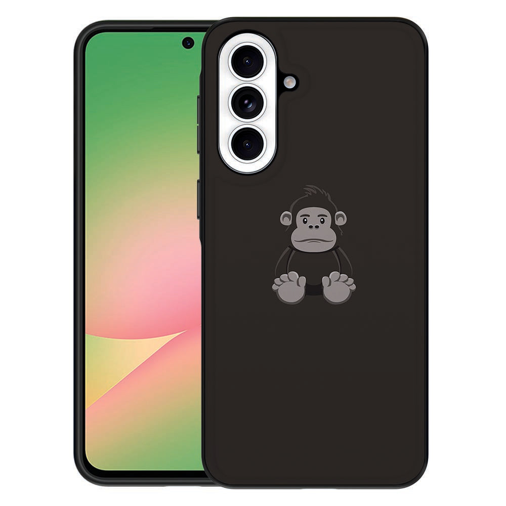 Samsung Galaxy A57 Telefoonhoesje Gorilla TPU zwart met aap print achterkant. Voorkant en achterkant weergave.