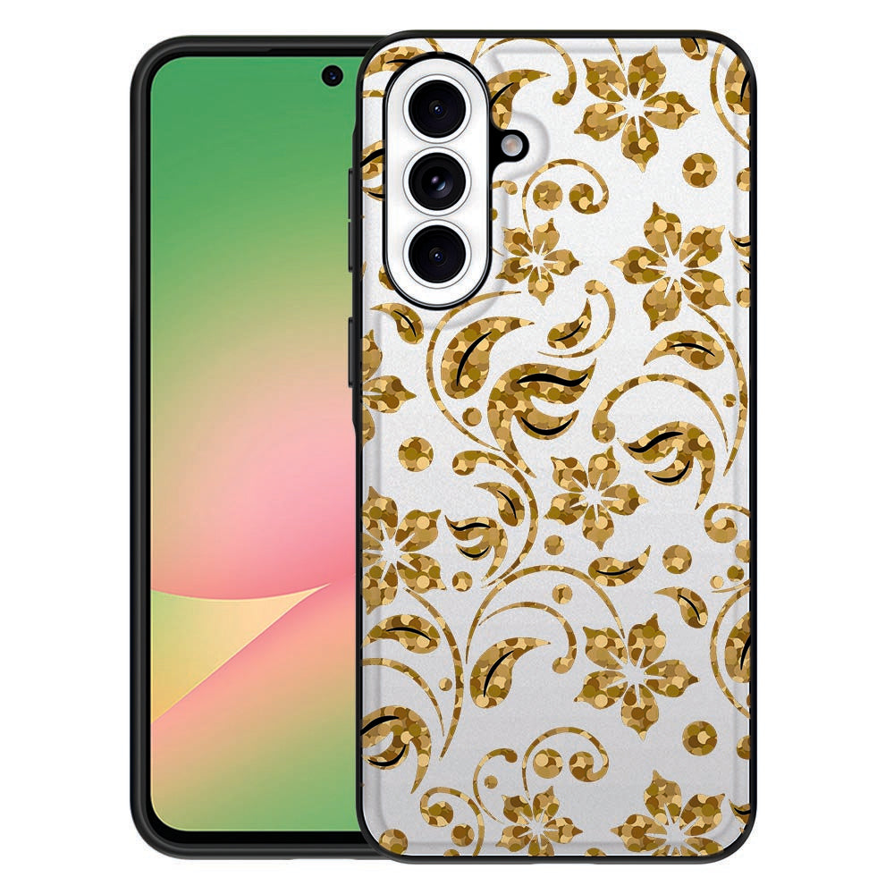 Samsung Galaxy A57 Gouden Bloemen Backcover Hoesje designprint achterkant vooraanzicht.