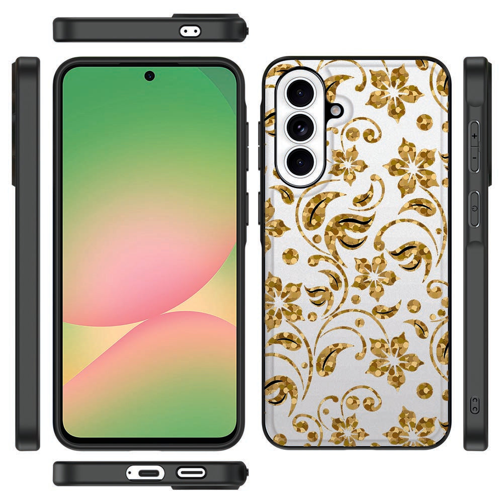 Samsung Galaxy A57 Gouden Bloemen Backcover Hoesje detail zijkanten en achterkant.