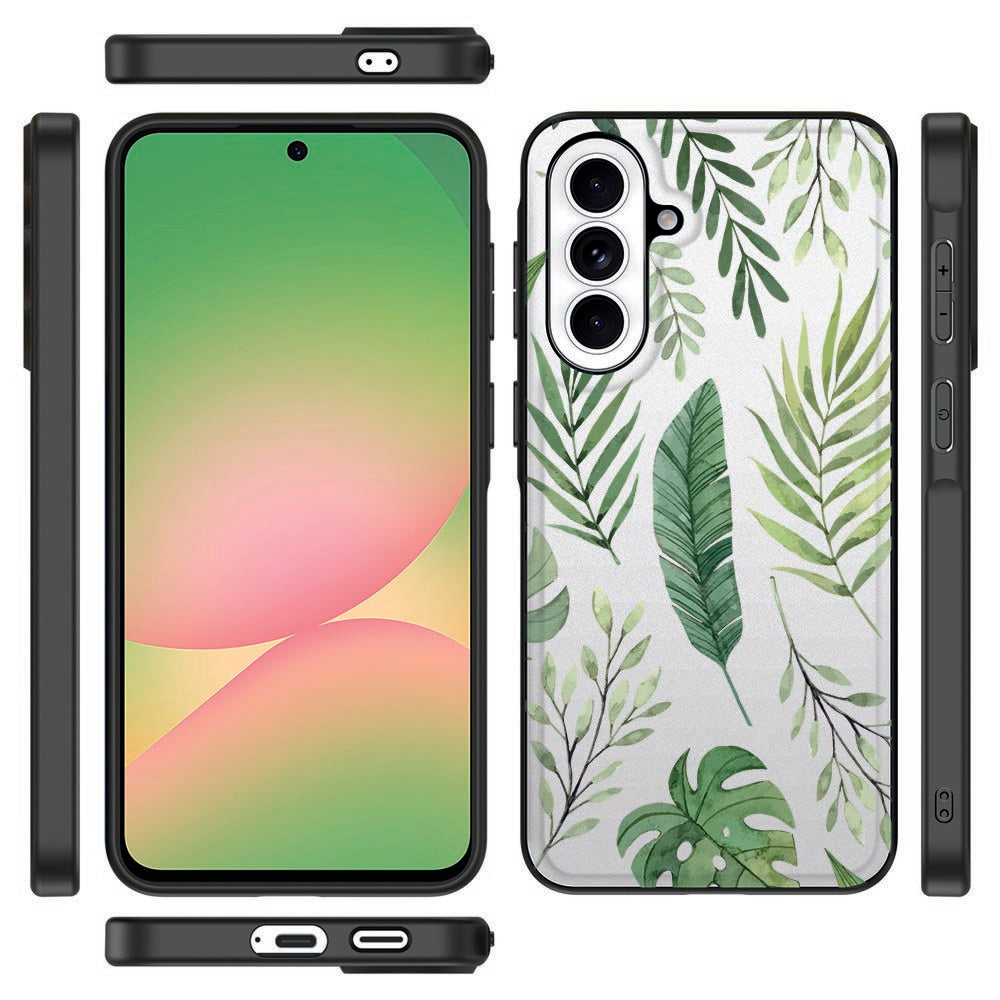 Samsung Galaxy A57 Leaves Backcover Hoesje bladeren ontwerp vooraanzicht zijde zijkant.