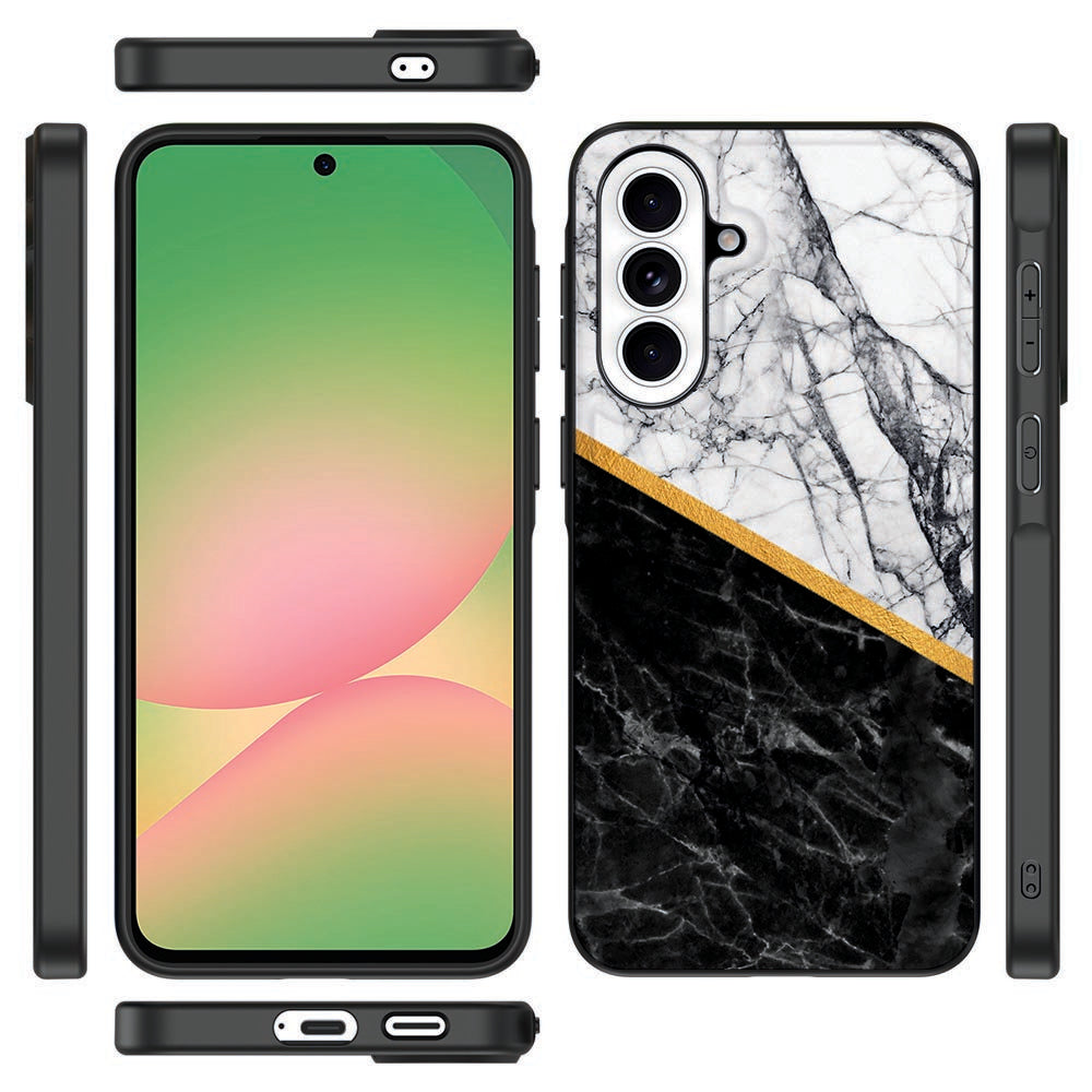 Samsung Galaxy A57 Beschermhoes Marble White Black Vooraanzicht en zijkanten.
