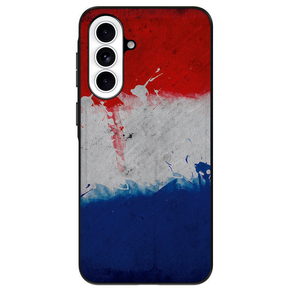 Samsung Galaxy A57 TPU Hoesje Nederland, TPU hoesje, rood wit blauw spetters, achteraanzicht.