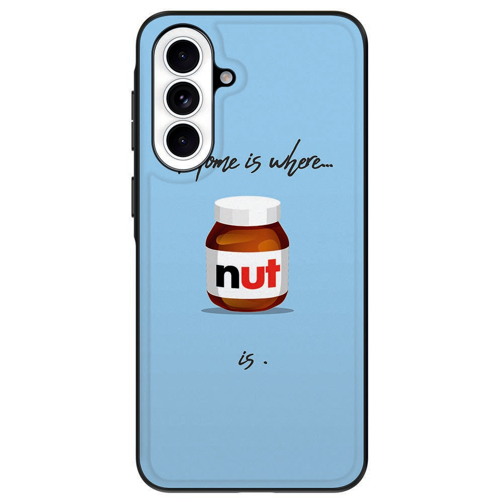 Samsung Galaxy A57 TPU Hoesje Nut Home design blauwe achtergrond detail.
