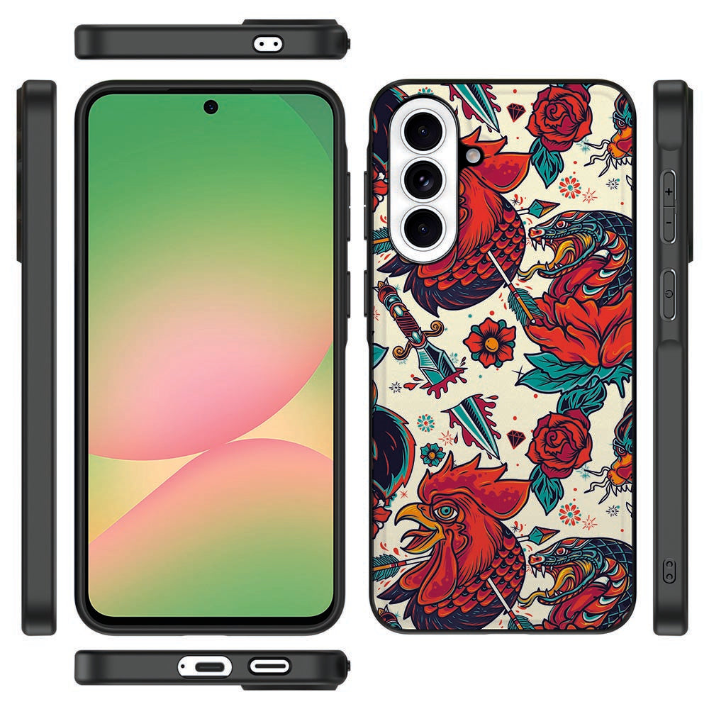 Samsung Galaxy A57 TPU Hoesje Old Skool design rozen en hanen vooraanzicht.