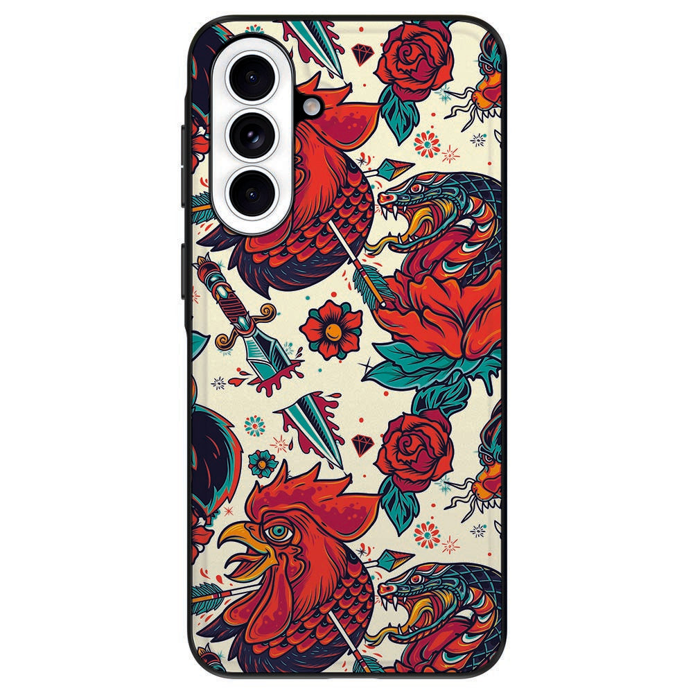 Samsung Galaxy A57 TPU Hoesje Old Skool print kleurrijk patroon detail.