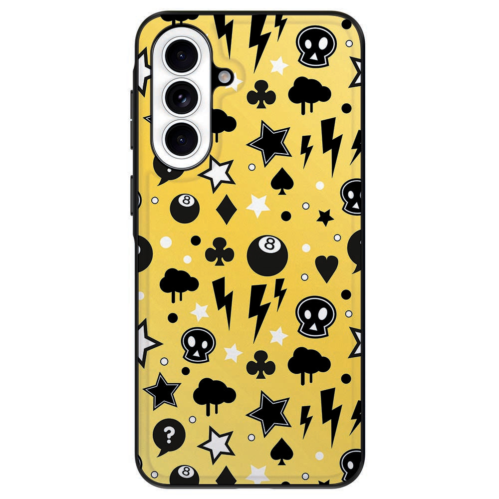 Samsung Galaxy A57 TPU Hoesje Punk Yellow achterkant met zwart-witte grafische prints.