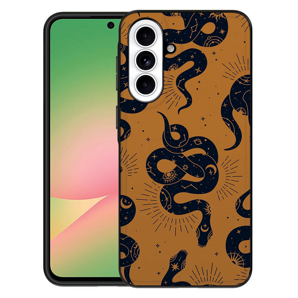 Samsung Galaxy A57 TPU Hoesje Snakes bruine achtergrond donkerblauwe slangen vooraanzicht.