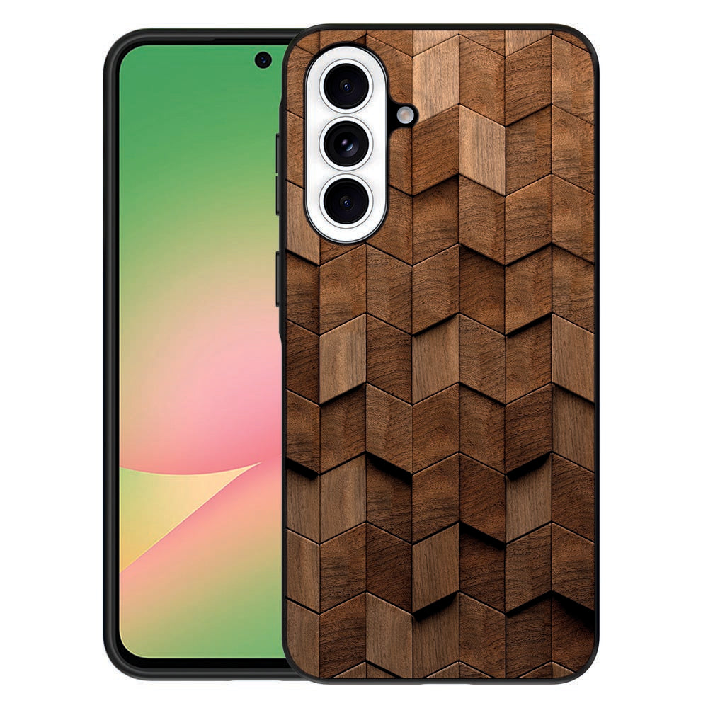 Samsung Galaxy A57 Wooden Cubes TPU Hoesje houten kubus patroon achteraanzicht.