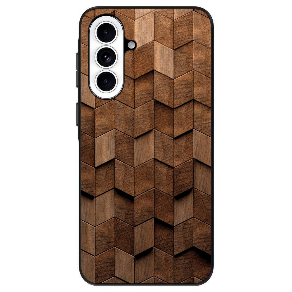 Samsung Galaxy A57 Wooden Cubes TPU Hoesje houten kubuspatroon detail.