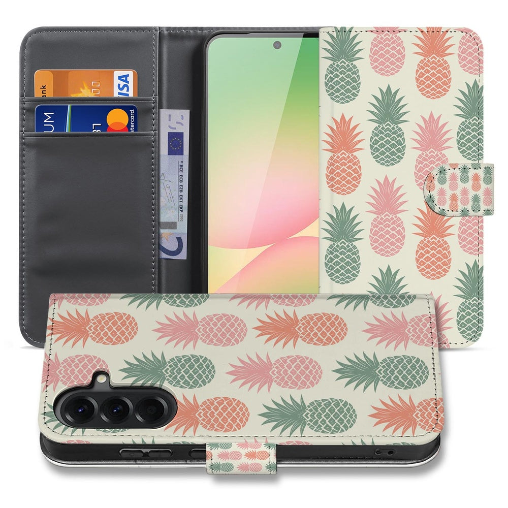 Samsung Galaxy A57 Bookcase Ananas Roze Rood Groen Vooraanzicht Achteraanzicht.