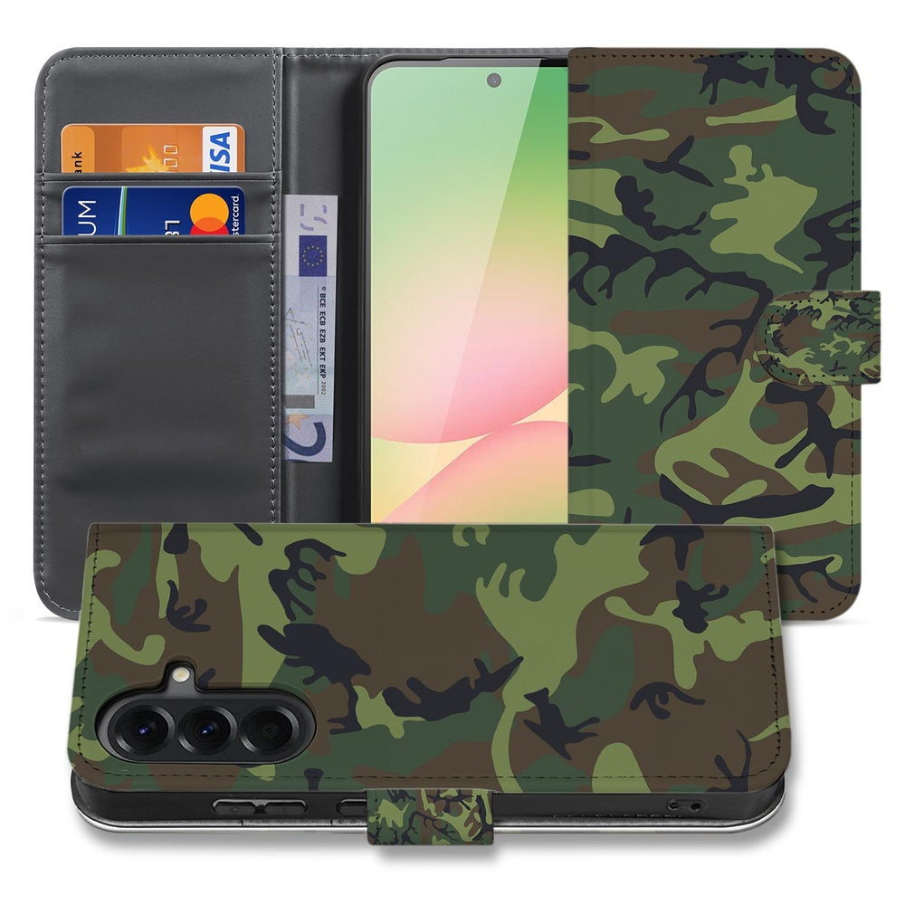 Samsung Galaxy A57 Portemonnee Hoesje Camouflage Leger binnenkant achterkant schuin aanzicht.