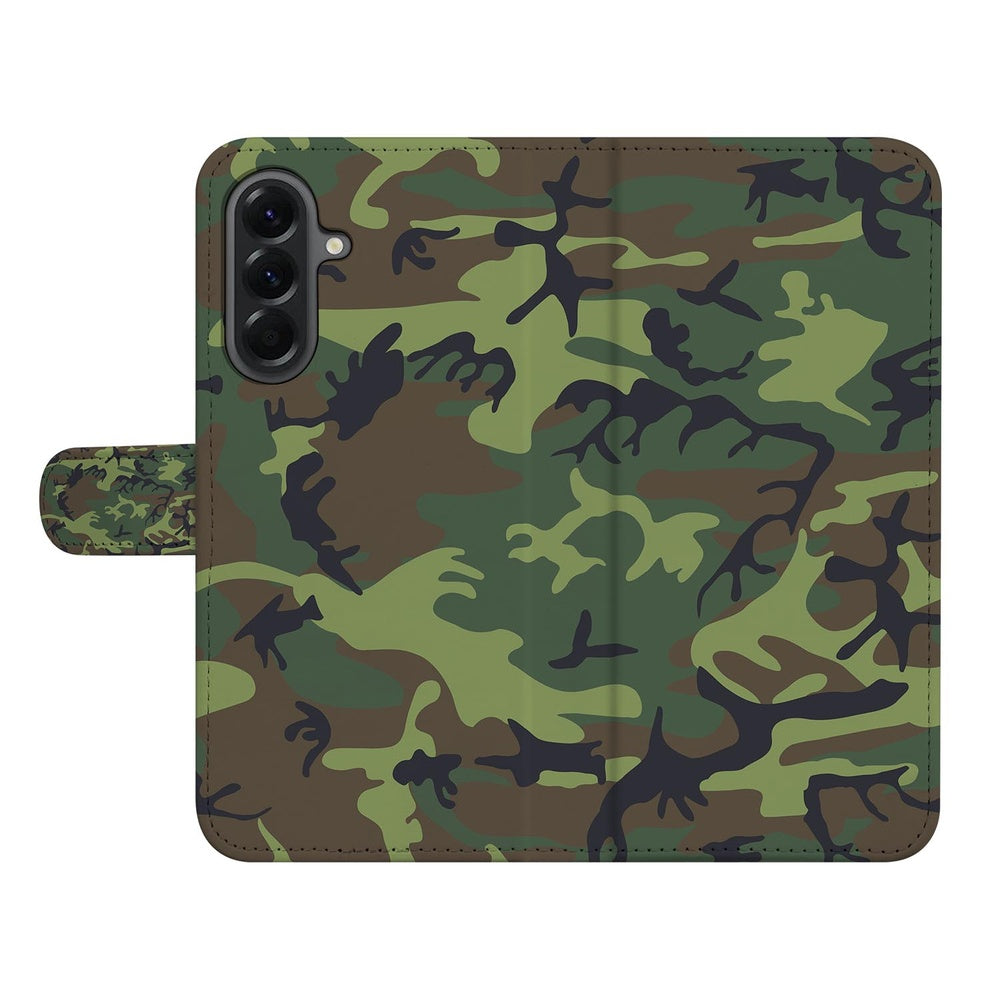 Samsung Galaxy A57 Portemonnee Hoesje Camouflage Leger Camouflage design Vooraanzicht.
