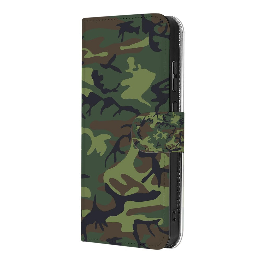 Samsung Galaxy A57 Portemonnee Hoesje Camouflage Leger Schuin aanzicht.