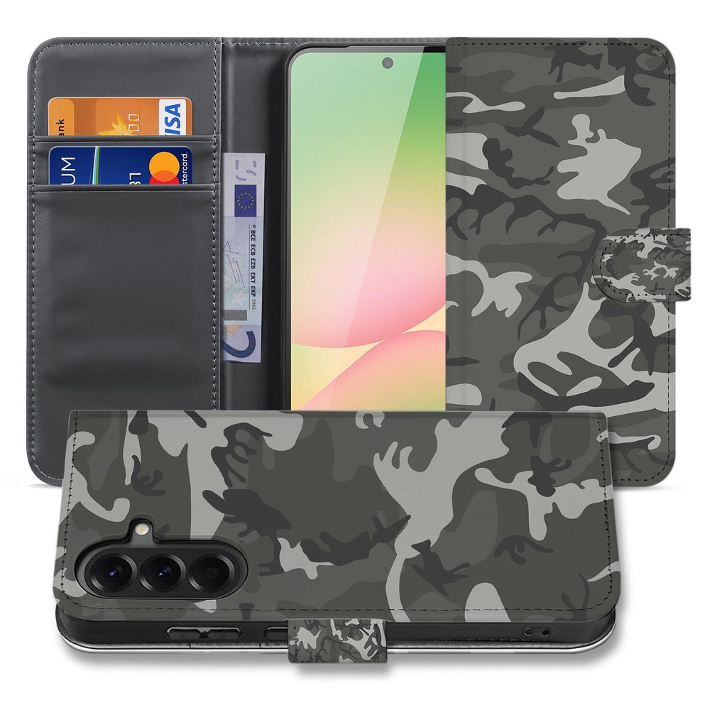 Samsung Galaxy A57 Book Case Hoesje Army Light Camouflage Voor- en achteraanzicht met camouflagedesign.