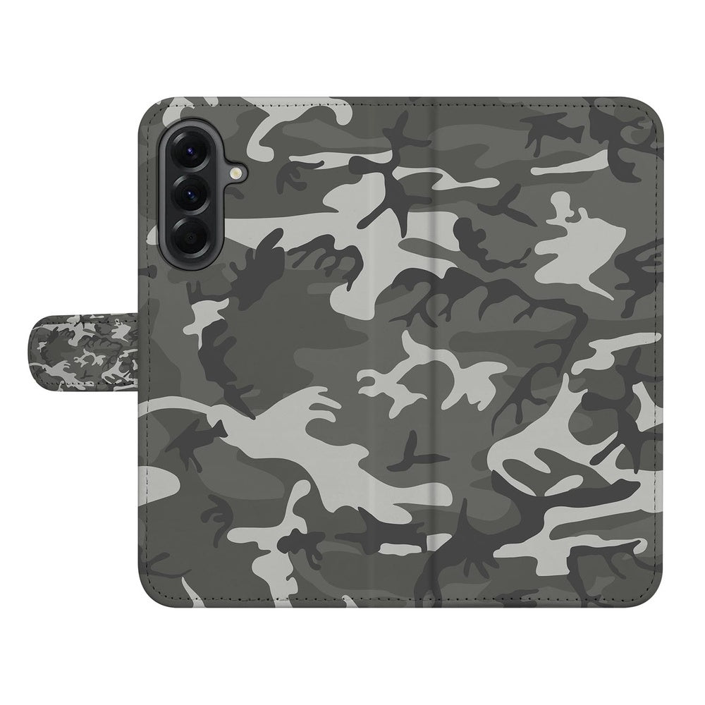 Samsung Galaxy A57 Book Case Hoesje Army Light Camouflage Vooraanzicht camouflage design.