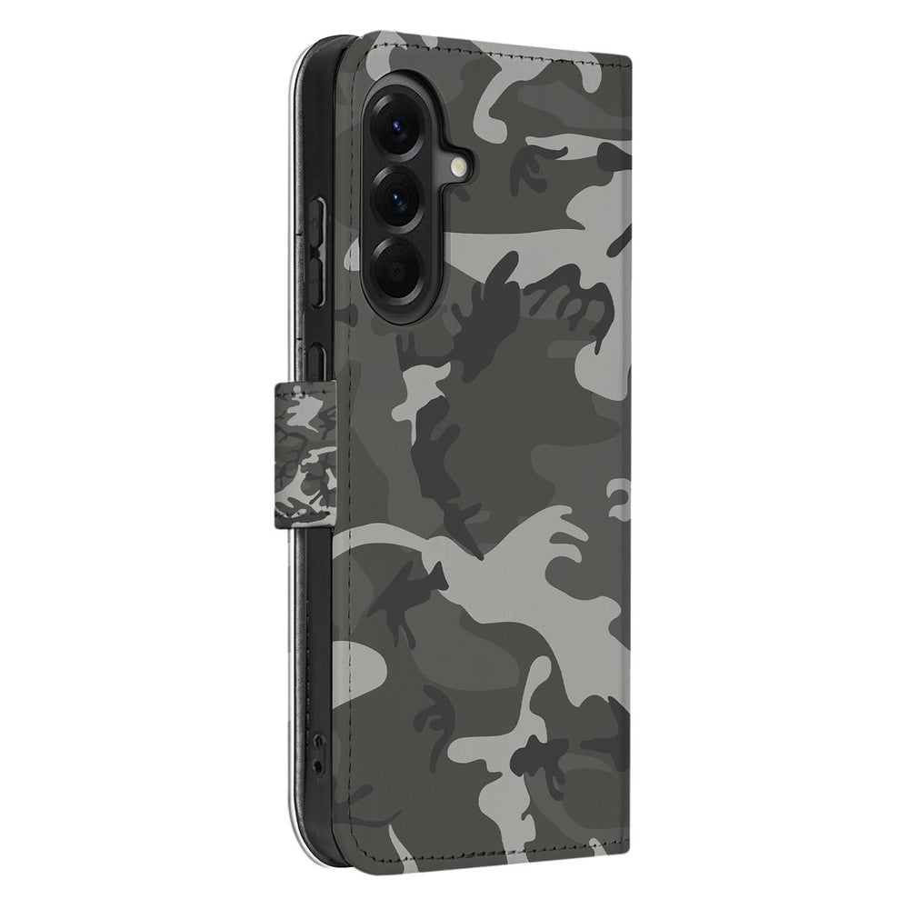 Samsung Galaxy A57 Book Case Hoesje Army Light Camouflage Schuin aanzicht.