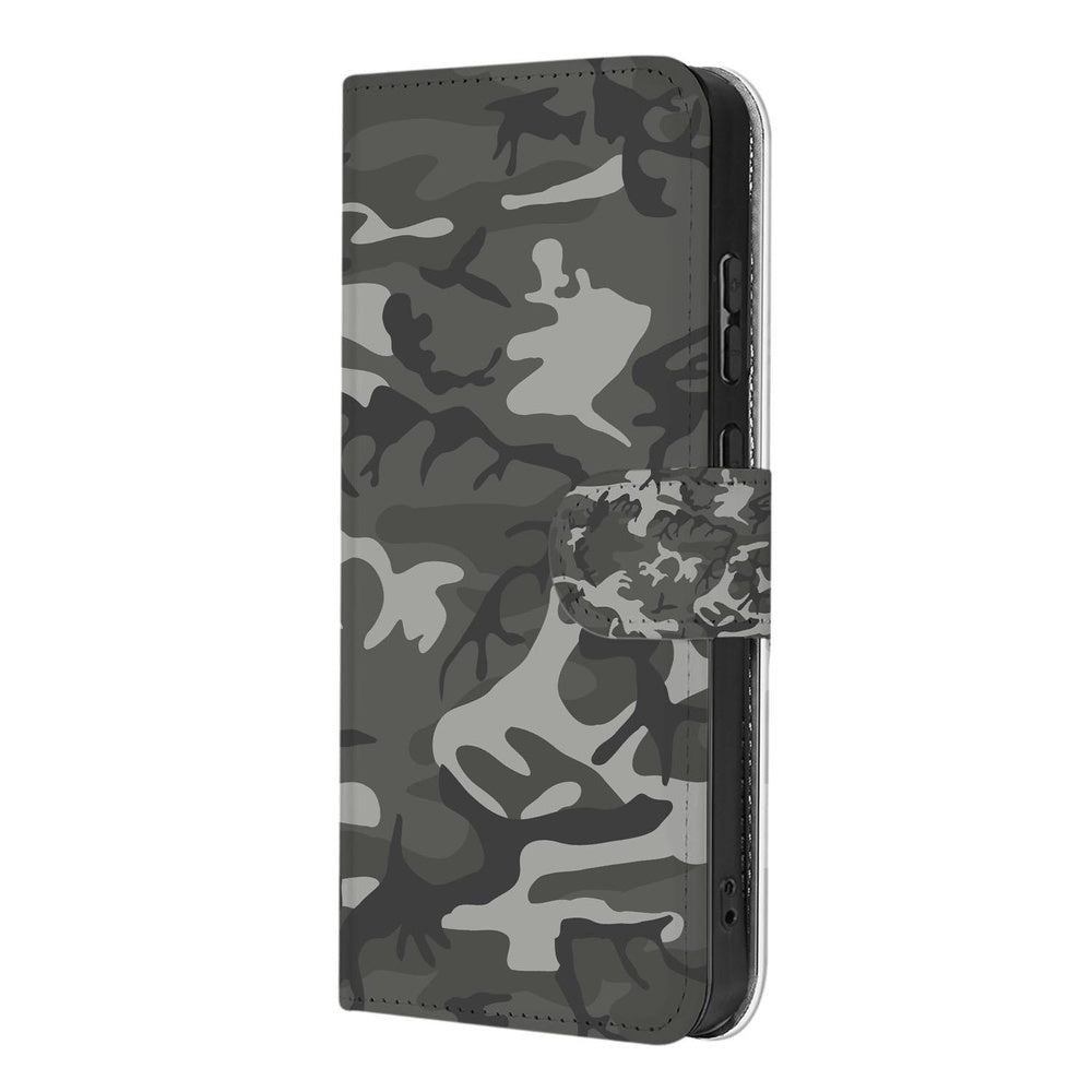 Samsung Galaxy A57 Book Case Hoesje Army Light Camouflage Schuin aanzicht.