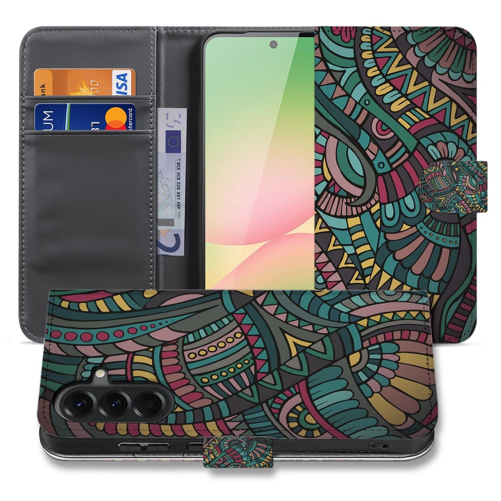 Samsung Galaxy A57 Hoesje Aztec Boekhoesje Aztec Design Vooraanzicht en Binnenkant.
