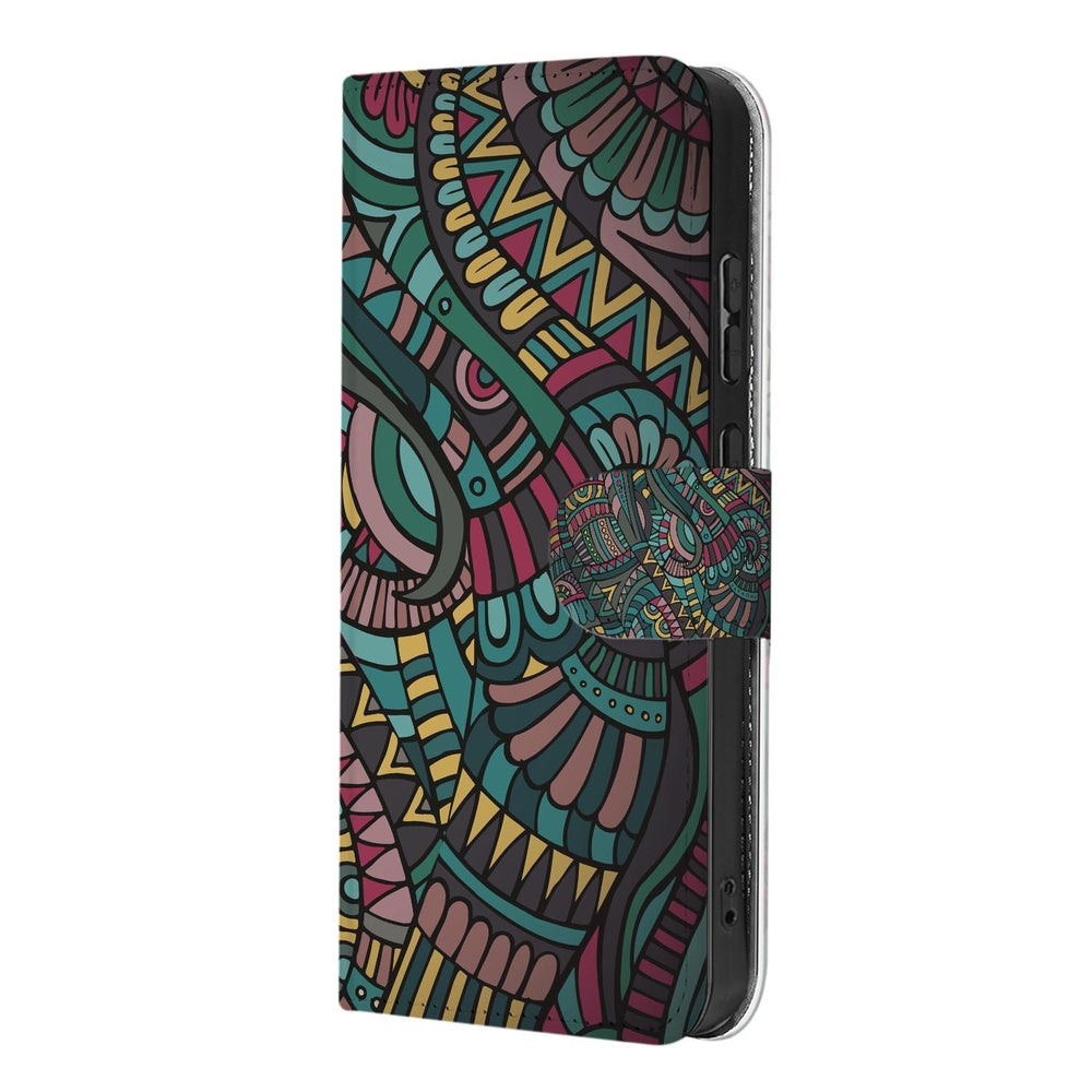 Samsung Galaxy A57 Hoesje Aztec Boekhoesje Aztec design Schuin aanzicht.