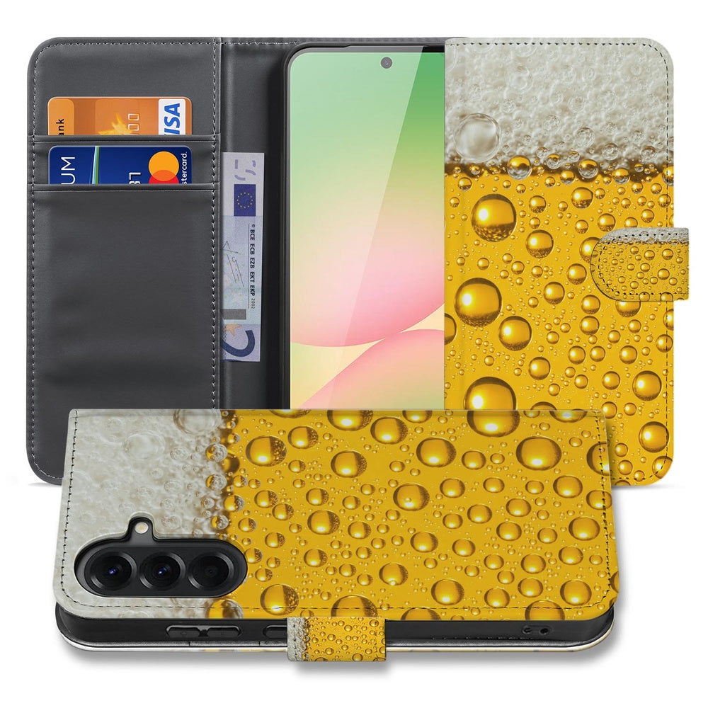 Samsung Galaxy A57 Book Cover Bier Print Vooraanzicht met druppels.