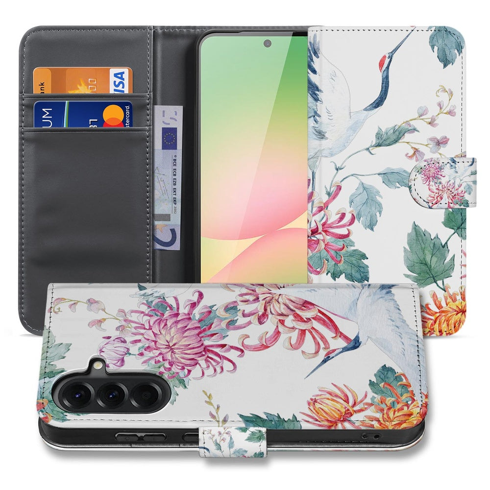 Samsung Galaxy A57 Bookcase Hoesje Met Pasjes Bird Flowers Print Voor- en achteraanzicht.