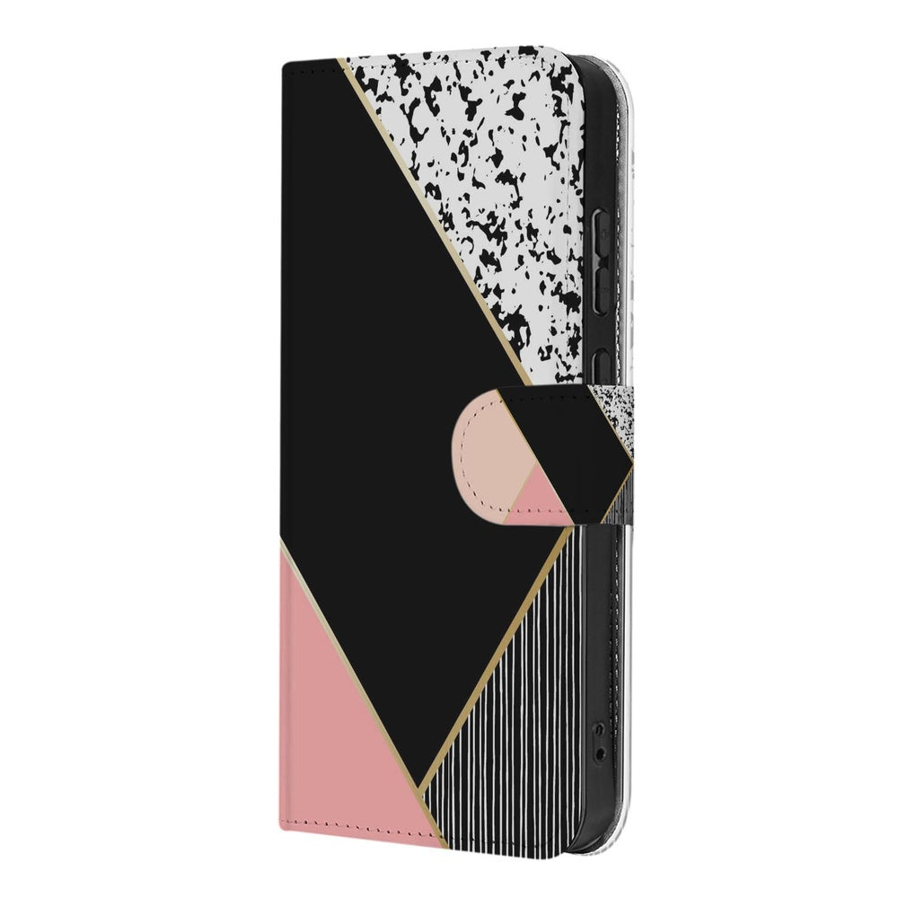 Samsung Galaxy A57 Portemonnee Hoesje Abstracte geometrisch patroon zwart roze schuin aanzicht.