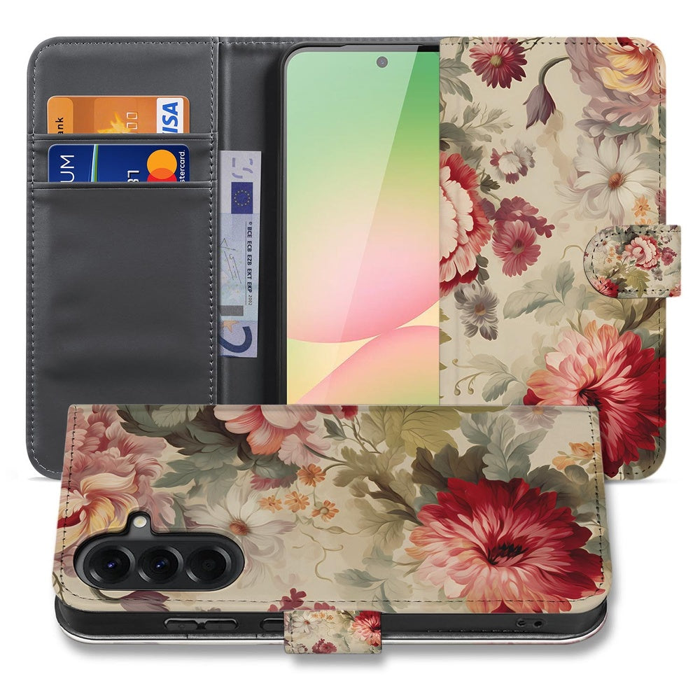 Samsung Galaxy A57 Portemonnee Hoesje Bloemenprint Vooraanzicht Binnenkant.