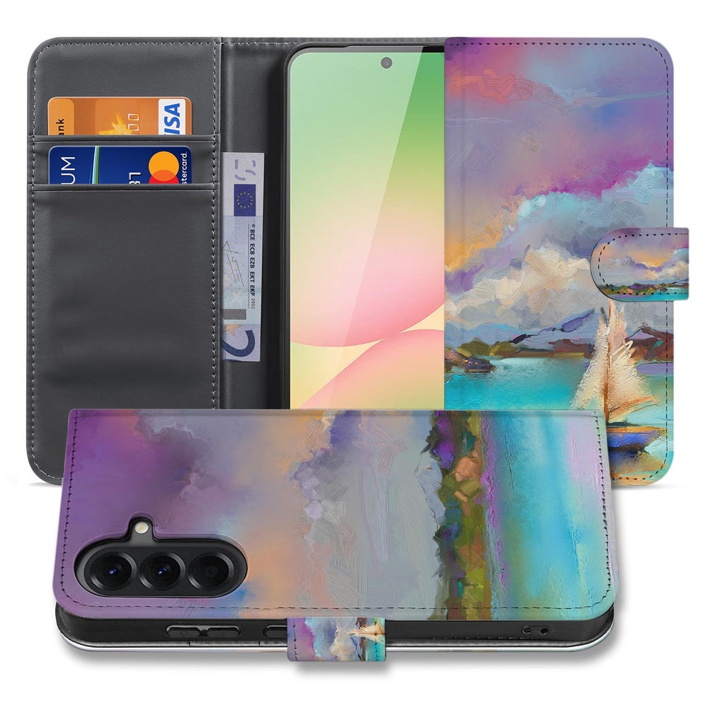 Samsung Galaxy A57 Bookcase Samsung Galaxy A57 Boot Motief Vooraanzicht detailweergave kleurrijk ontwerp.  