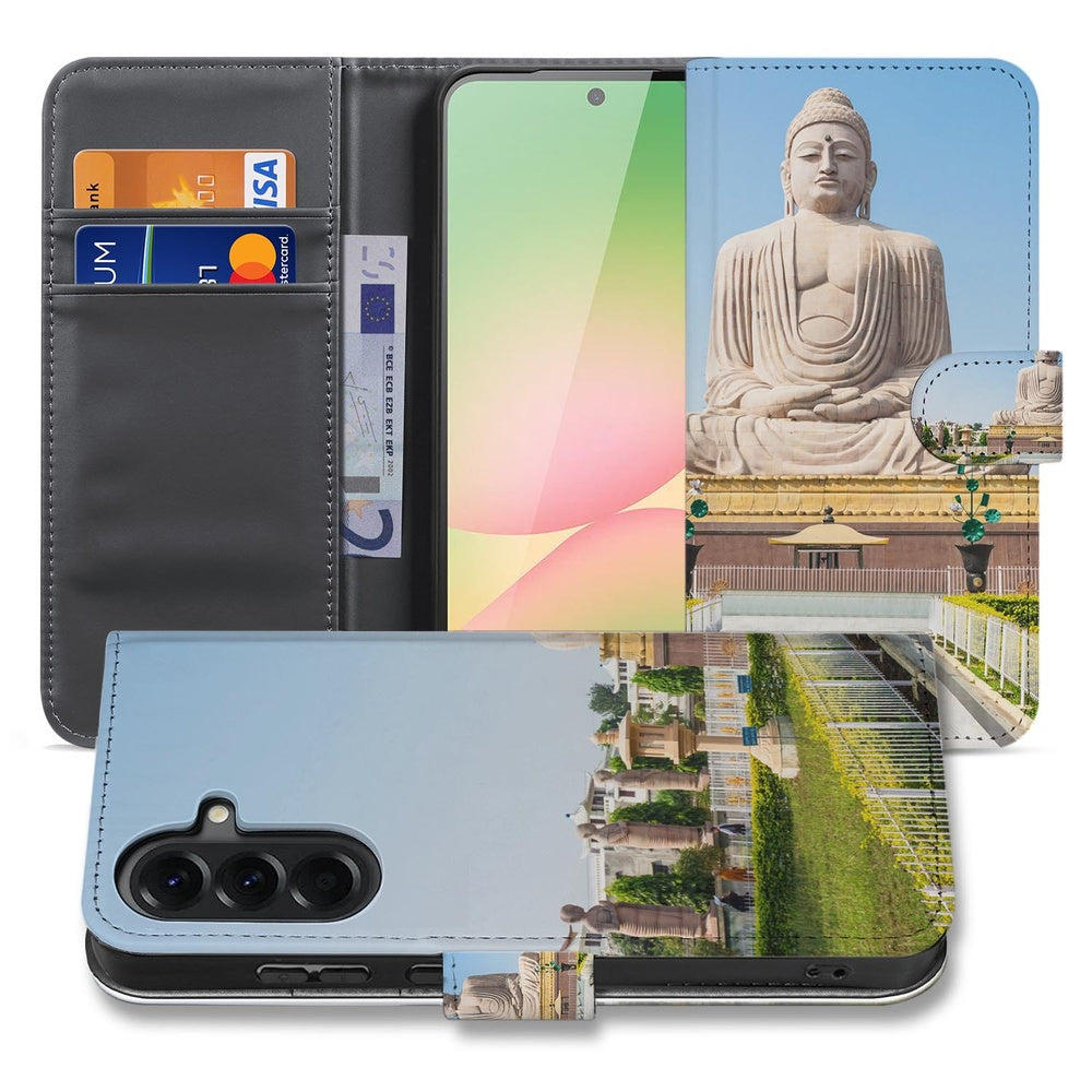 Samsung Galaxy A57 Book Case Boeddha voorkant en binnenkant met serene Boeddha-illustratie.