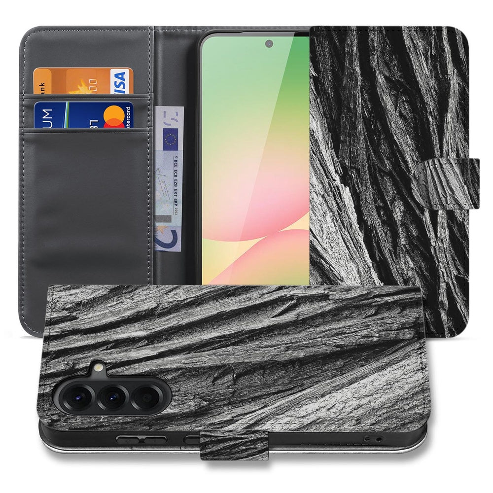 Samsung Galaxy A57 Telefoonhoesje Boomschors Grijs Rustiek Voor- en achteraanzicht.