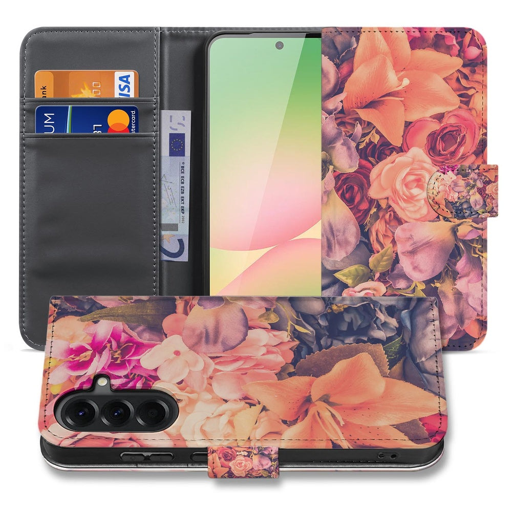 Samsung Galaxy A57 Book Case Bosje Bloemen Vooraanzicht met bloemenprint en kaartvak.