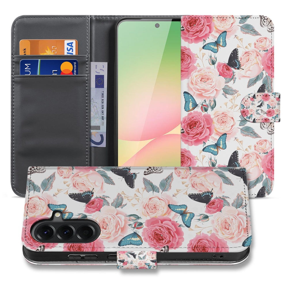 Samsung Galaxy A57 Book Case Hoesje Roze Butterfly Vooraanzicht Achteraanzicht.