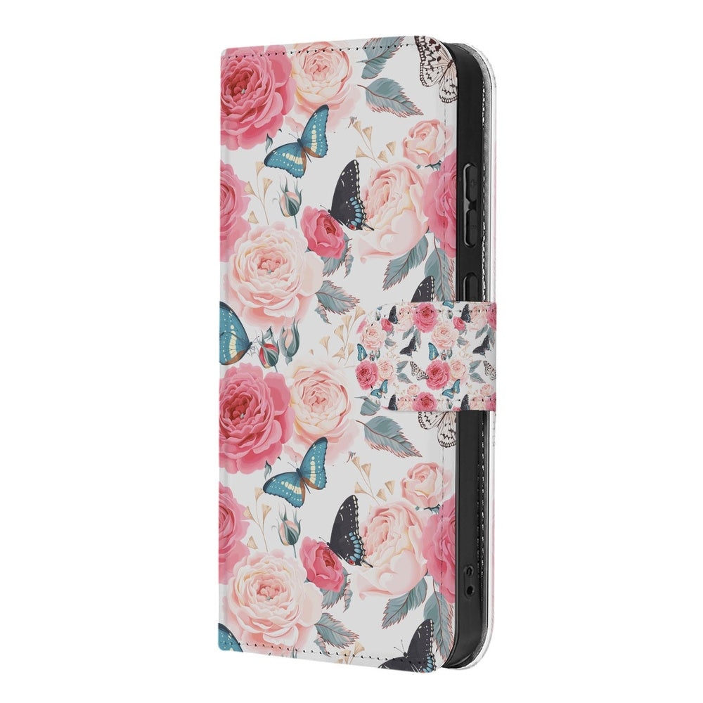 Samsung Galaxy A57 Book Case Hoesje Roze Butterfly Roze vlinders rozen schuin aanzicht.