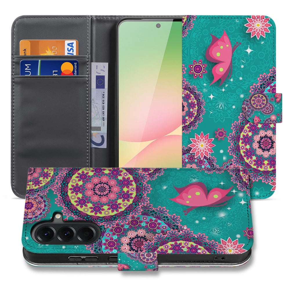 Samsung Galaxy A57 Book Case Hoesje Met Pasjes Cirkels en Vlinders Voor- en achteraanzicht Design met cirkels en vlinders.