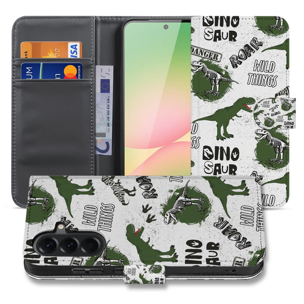 Samsung Galaxy A57 Book Case Met Pasjes Dino Print Vooraanzicht met dino illustraties en kaarten.
