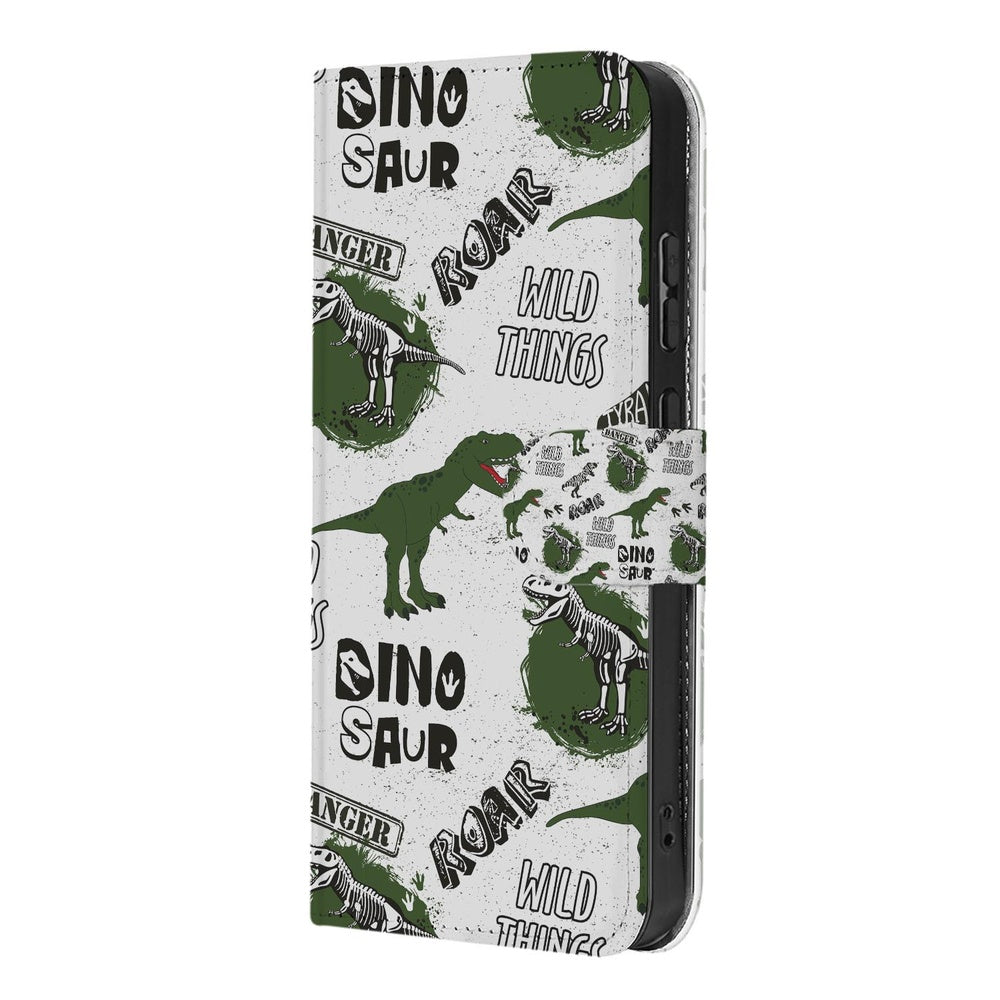 Samsung Galaxy A57 Book Case Met Pasjes Dino Print Vooraanzicht met groene dinosaurusillustraties en tekst.