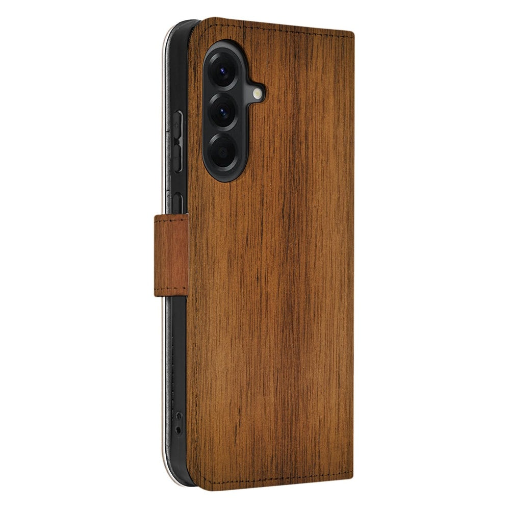 Samsung Galaxy A57 Bookcase Hoesje Donker Hout Schuin aanzicht.