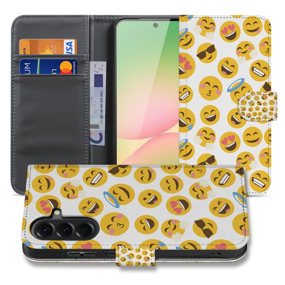 Samsung Galaxy A57 Book Case Hoesje Meerkleurig Emoji Vooraanzicht Binnenkant.