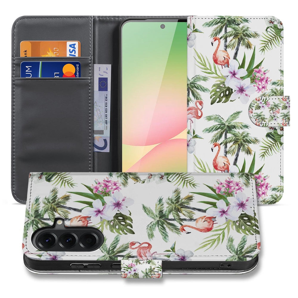 Samsung Galaxy A57 Telefoonhoesje Flamingo Palms Voor- en achteraanzicht met flamingoprints en palmbladeren.